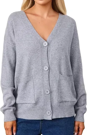 Wowcarbazole Women's Cardigan Sweaters Long Sleeve Open Front Button Down Lightweight Casual Knit Sweater Coat with Pockets
