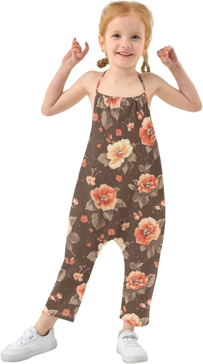Wudan Cartoon Begonia Brown Romper Toddler Girl with Pockets Sleevesless Jumpsuits Cotton Hawaiian Pants Outfit 1T