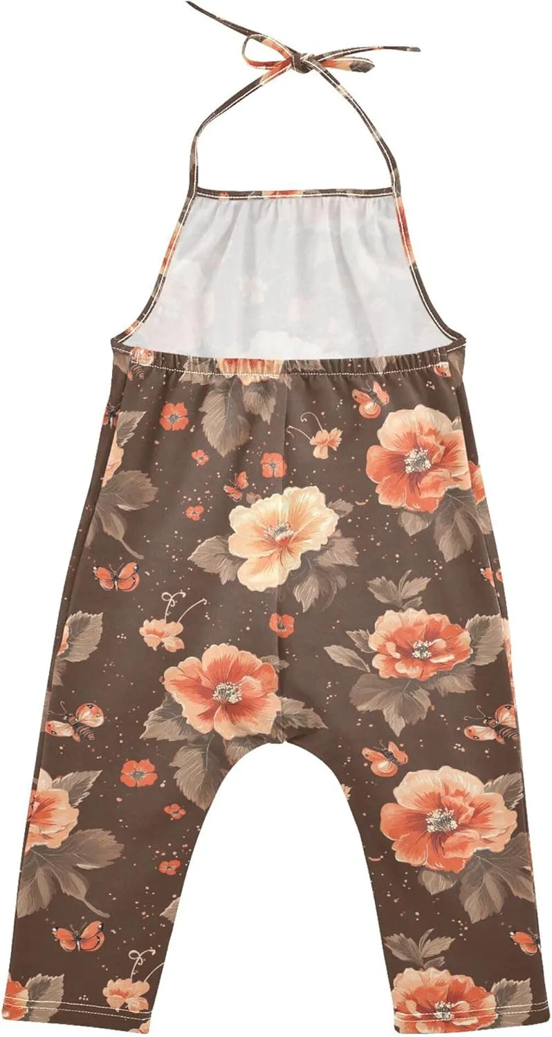 Wudan Cartoon Begonia Brown Romper Toddler Girl with Pockets Sleevesless Jumpsuits Cotton Hawaiian Pants Outfit 1T