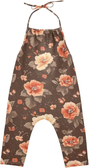 Wudan Cartoon Begonia Brown Romper Toddler Girl with Pockets Sleevesless Jumpsuits Cotton Hawaiian Pants Outfit 1T