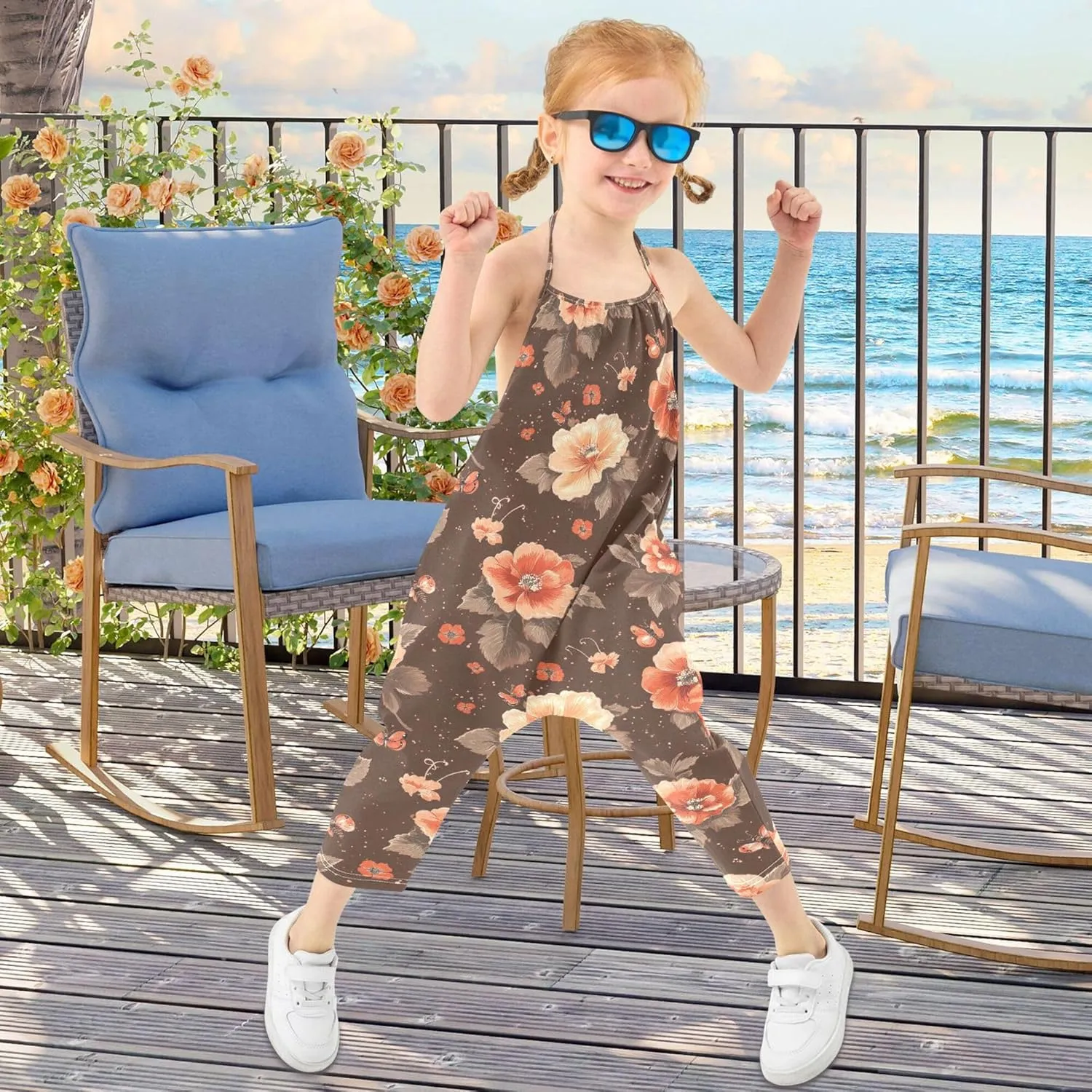 Wudan Cartoon Begonia Brown Romper Toddler Girl with Pockets Sleevesless Jumpsuits Cotton Hawaiian Pants Outfit 1T
