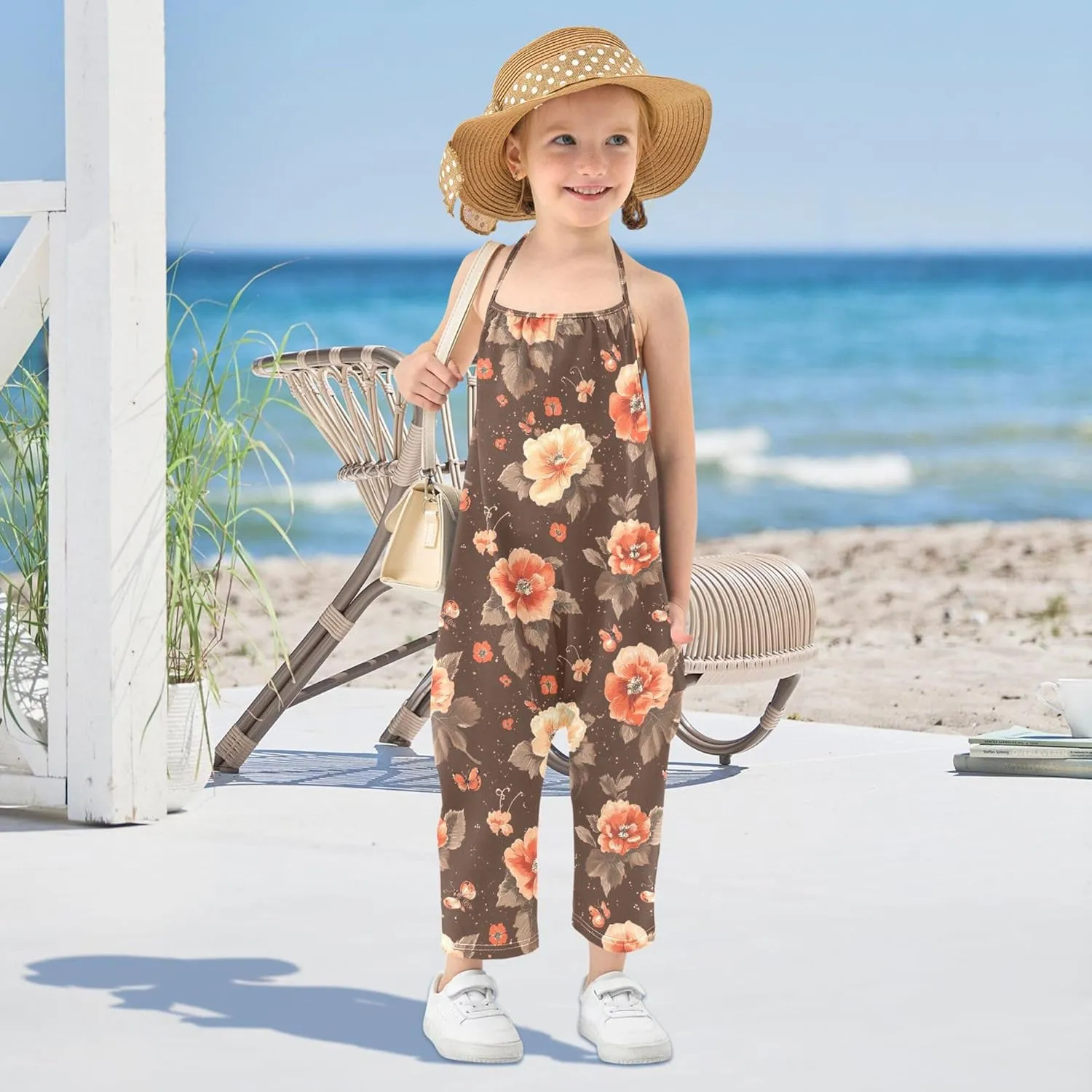 Wudan Cartoon Begonia Brown Romper Toddler Girl with Pockets Sleevesless Jumpsuits Cotton Hawaiian Pants Outfit 1T
