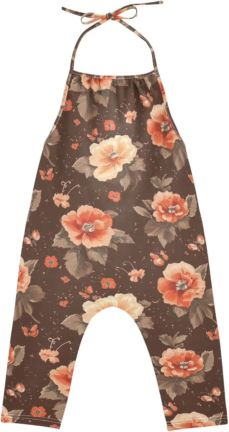Wudan Cartoon Begonia Brown Romper Toddler Girl with Pockets Sleevesless Jumpsuits Cotton Hawaiian Pants Outfit 1T