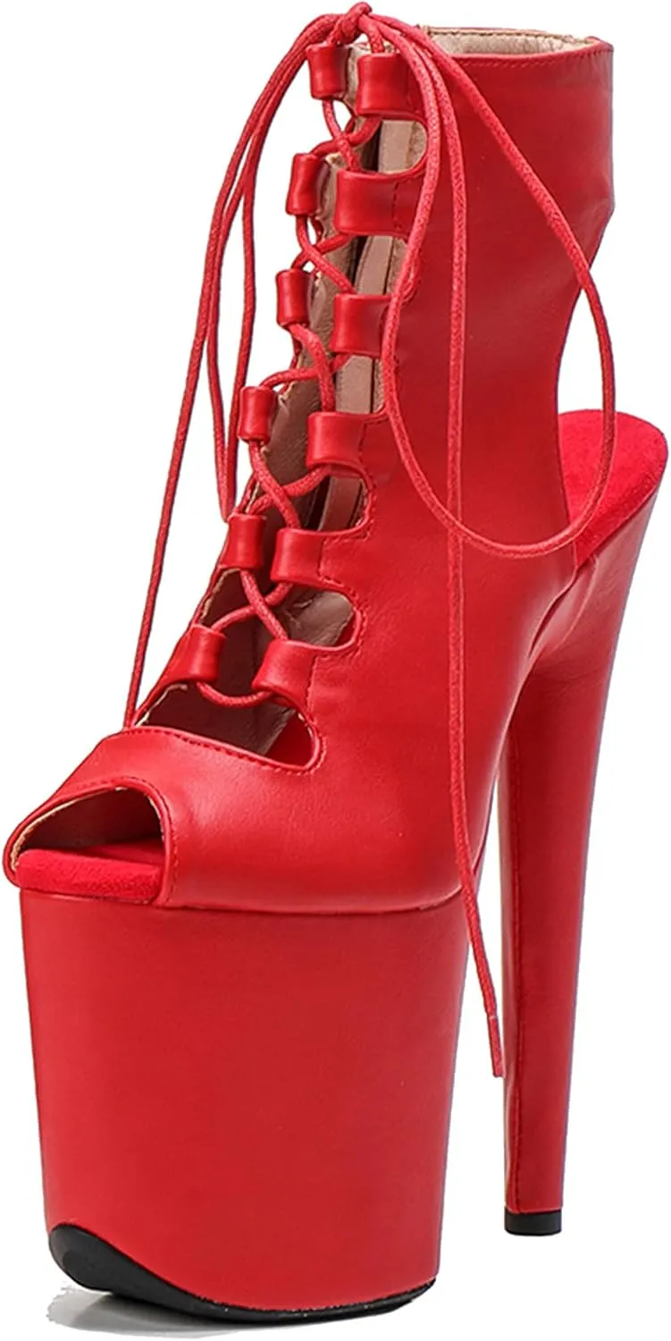 WUXIN H&P Women's Pole Dance Ankle Boots Heels Shoes, 8 in/20cm Heels, Open Toe Lace-up Stiletto Platform Exotic Boots