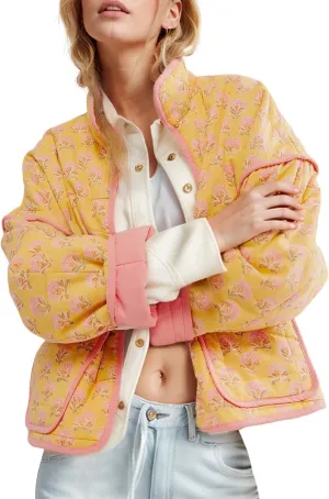 Wyeysyt Women's Cropped Puffer Jacket Lightweight Floral Print Long Sleeve Padded Quilted Puffy Cardigan Coat
