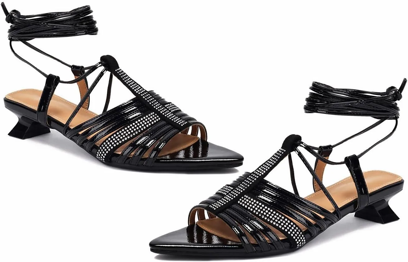 XIEDA Women's Lace Up Heels Pointed Toe Strappy Rhinestone Low Heel Prom Dress Sandals