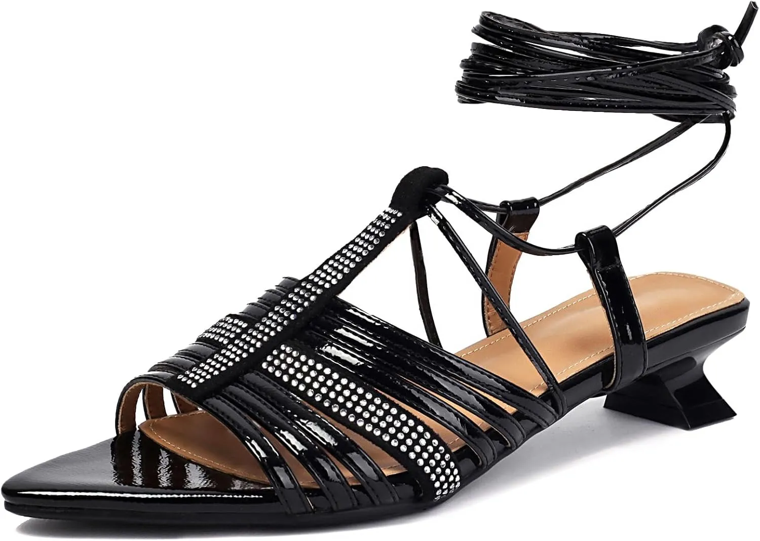 XIEDA Women's Lace Up Heels Pointed Toe Strappy Rhinestone Low Heel Prom Dress Sandals
