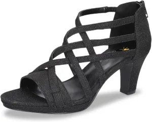 XYD Women Ballroom Strappy Sandals Round Open Toe Block Low Heel Pumps Back Zip Dance Party Dress Shoes
