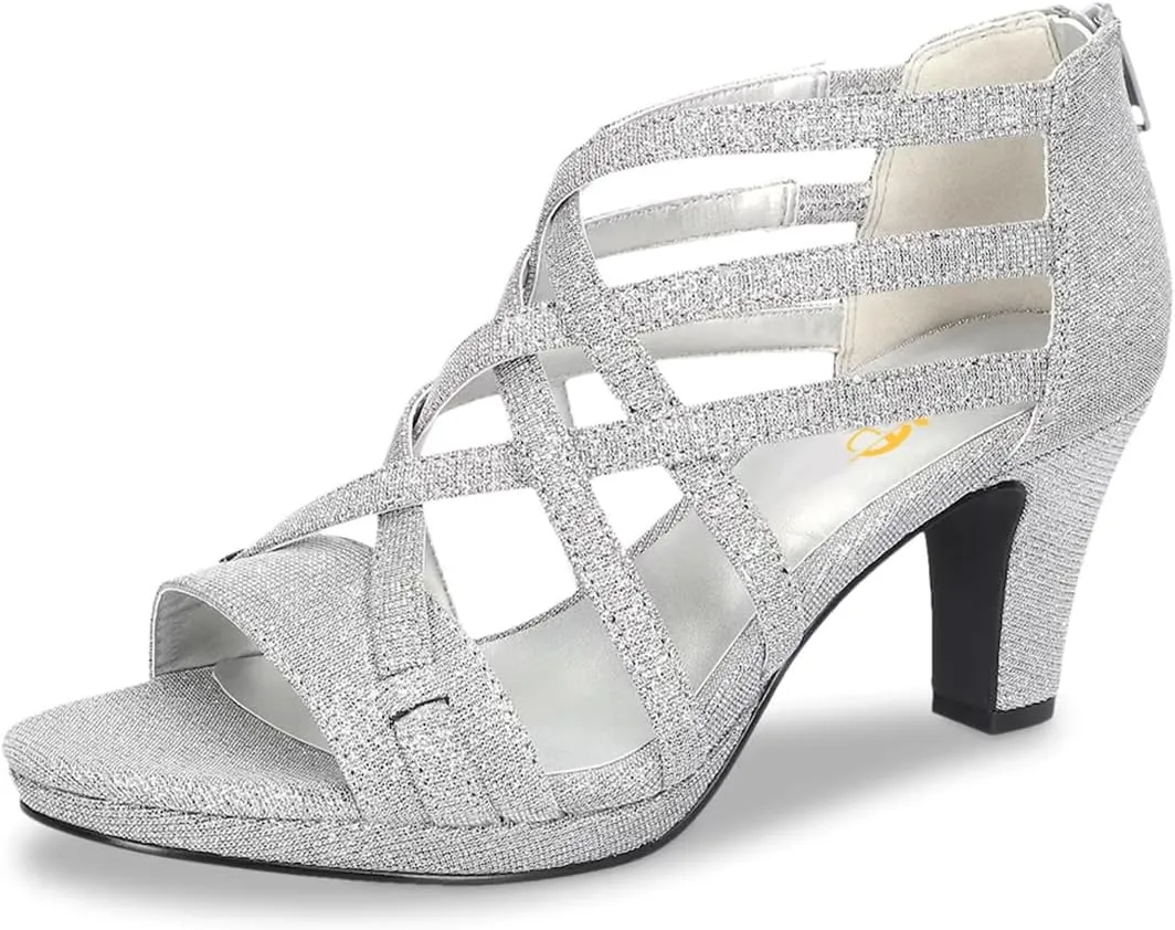 XYD Women Ballroom Strappy Sandals Round Open Toe Block Low Heel Pumps Back Zip Dance Party Dress Shoes