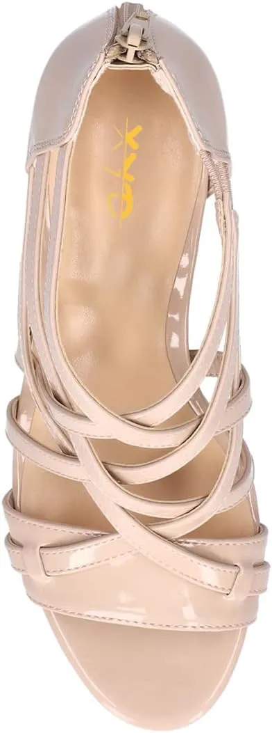 XYD Women Ballroom Strappy Sandals Round Open Toe Block Low Heel Pumps Back Zip Dance Party Dress Shoes