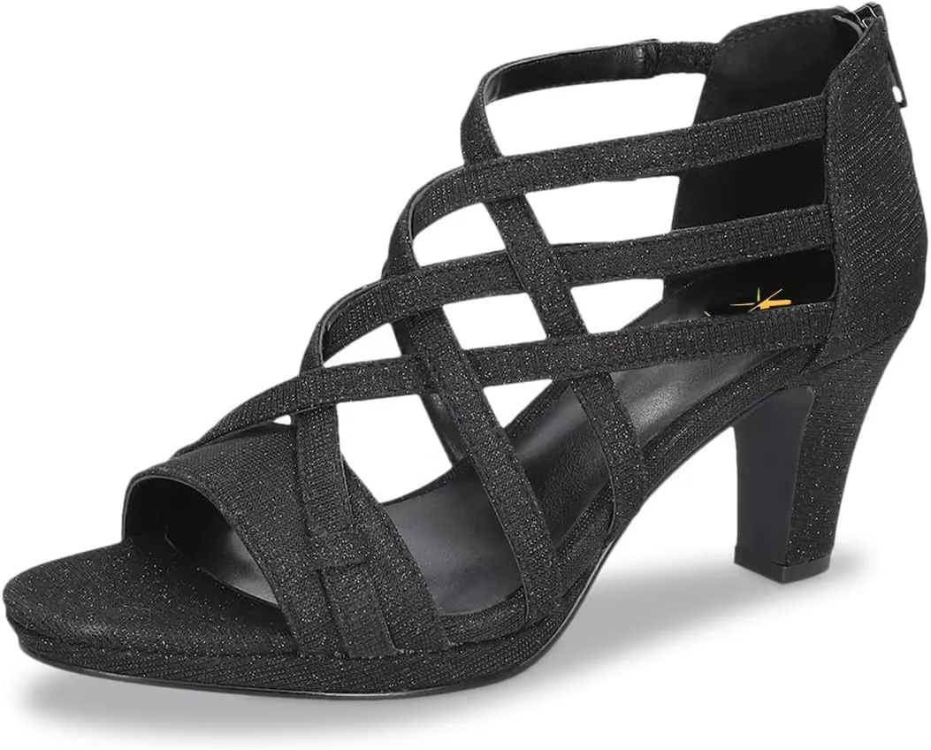 XYD Women Ballroom Strappy Sandals Round Open Toe Block Low Heel Pumps Back Zip Dance Party Dress Shoes