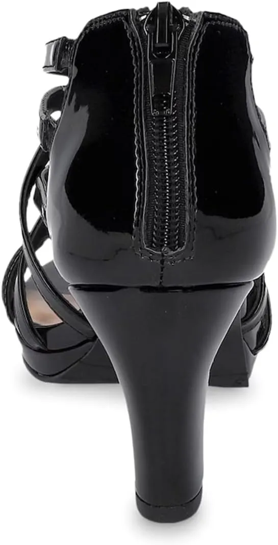 XYD Women Ballroom Strappy Sandals Round Open Toe Block Low Heel Pumps Back Zip Dance Party Dress Shoes