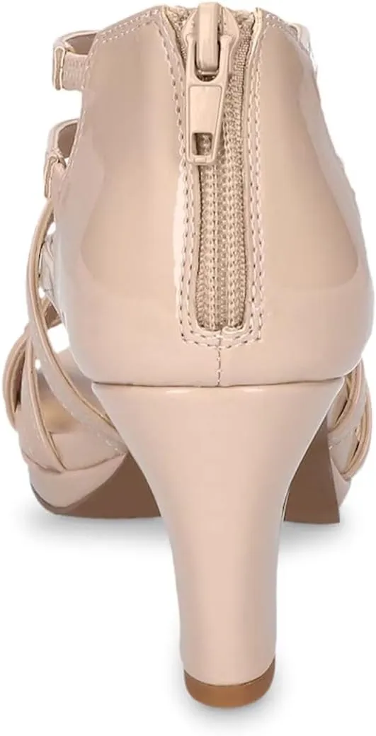 XYD Women Ballroom Strappy Sandals Round Open Toe Block Low Heel Pumps Back Zip Dance Party Dress Shoes