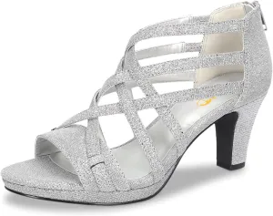XYD Women Ballroom Strappy Sandals Round Open Toe Block Low Heel Pumps Back Zip Dance Party Dress Shoes