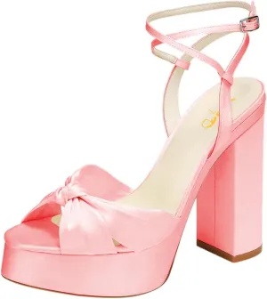 XYD Women Bowknot Ankle Strappy Block High Heel Sandals Open Toe Platform Pumps Evening Wedding Prom Shoes