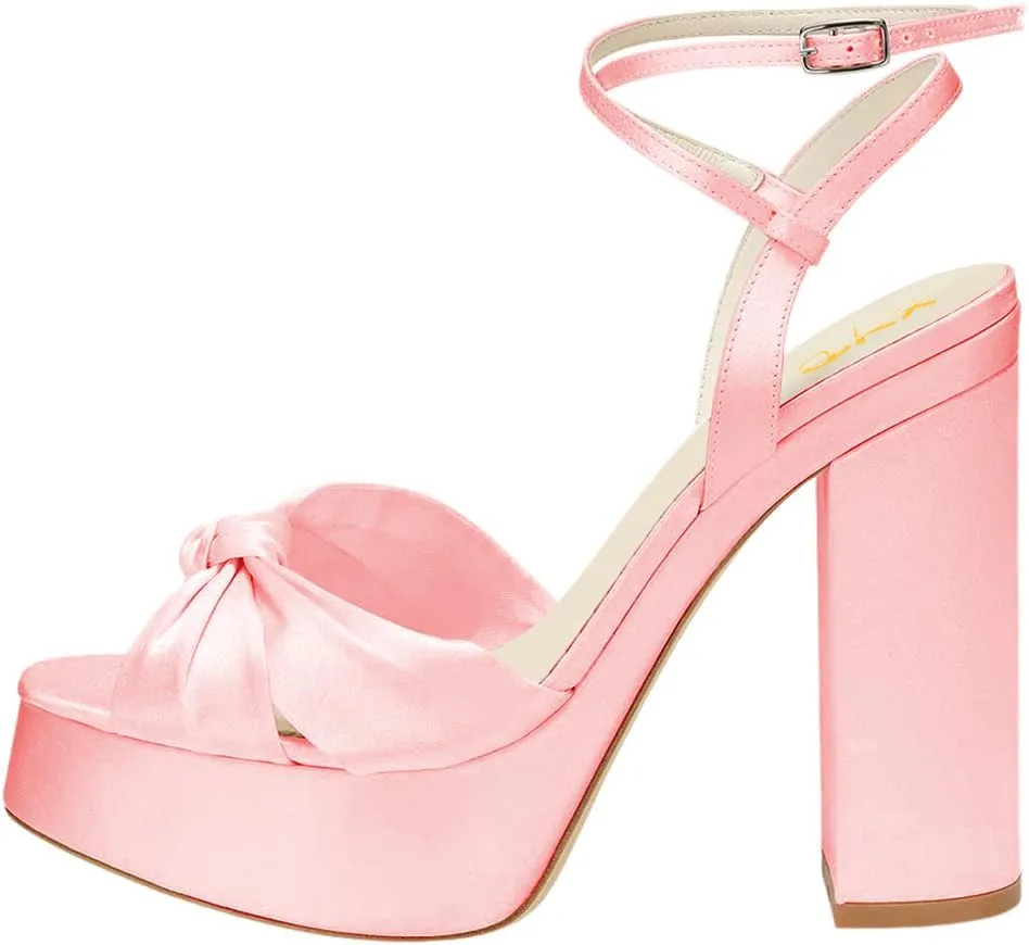 XYD Women Bowknot Ankle Strappy Block High Heel Sandals Open Toe Platform Pumps Evening Wedding Prom Shoes