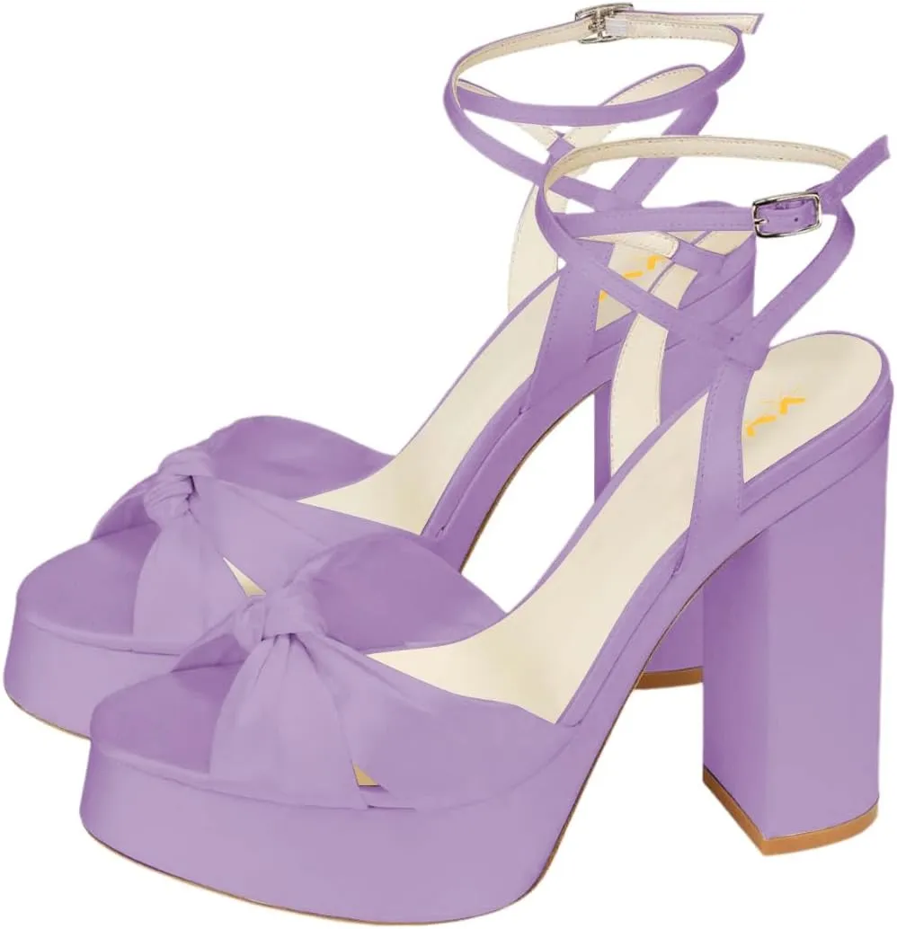 XYD Women Bowknot Ankle Strappy Block High Heel Sandals Open Toe Platform Pumps Evening Wedding Prom Shoes