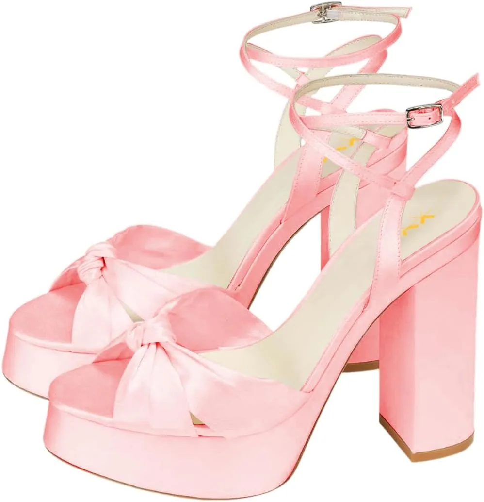 XYD Women Bowknot Ankle Strappy Block High Heel Sandals Open Toe Platform Pumps Evening Wedding Prom Shoes