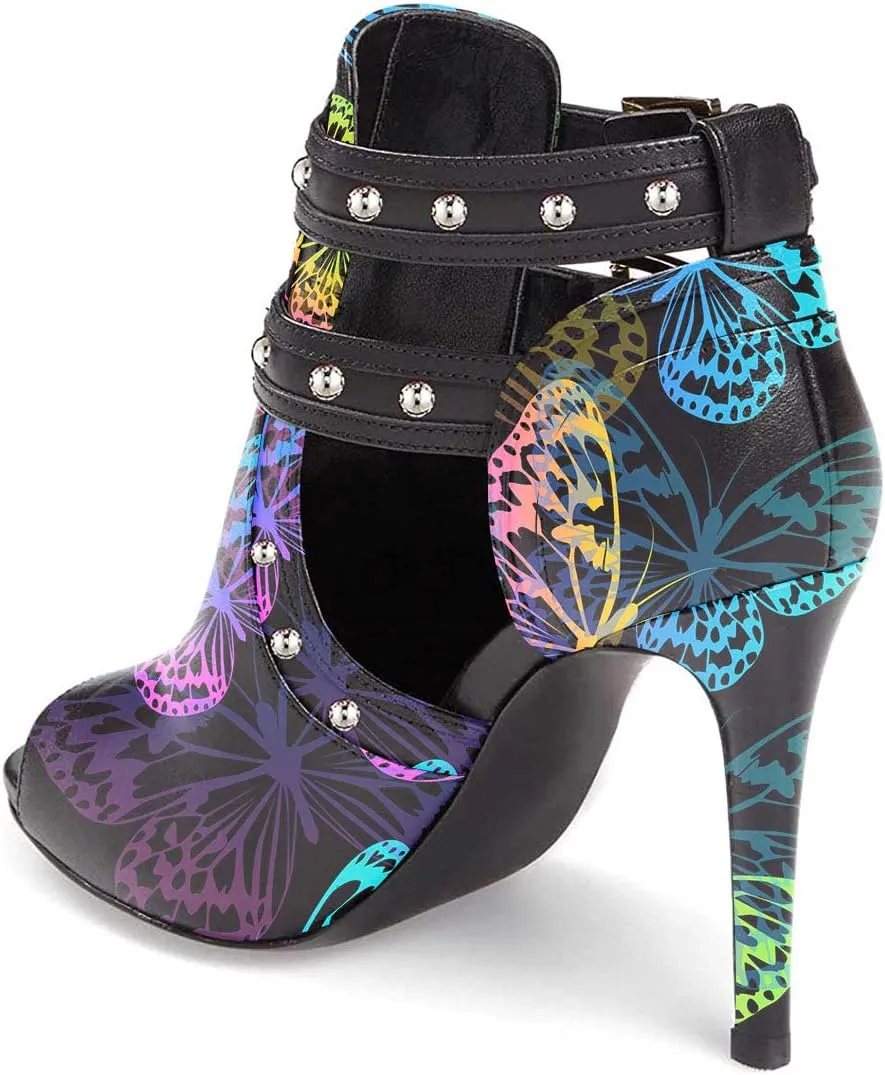 XYD Women Chic Studs Peep Toe Ankle Bootie High Heel Pumps Buckled Double Straps Cutout Fashion Party Shoes