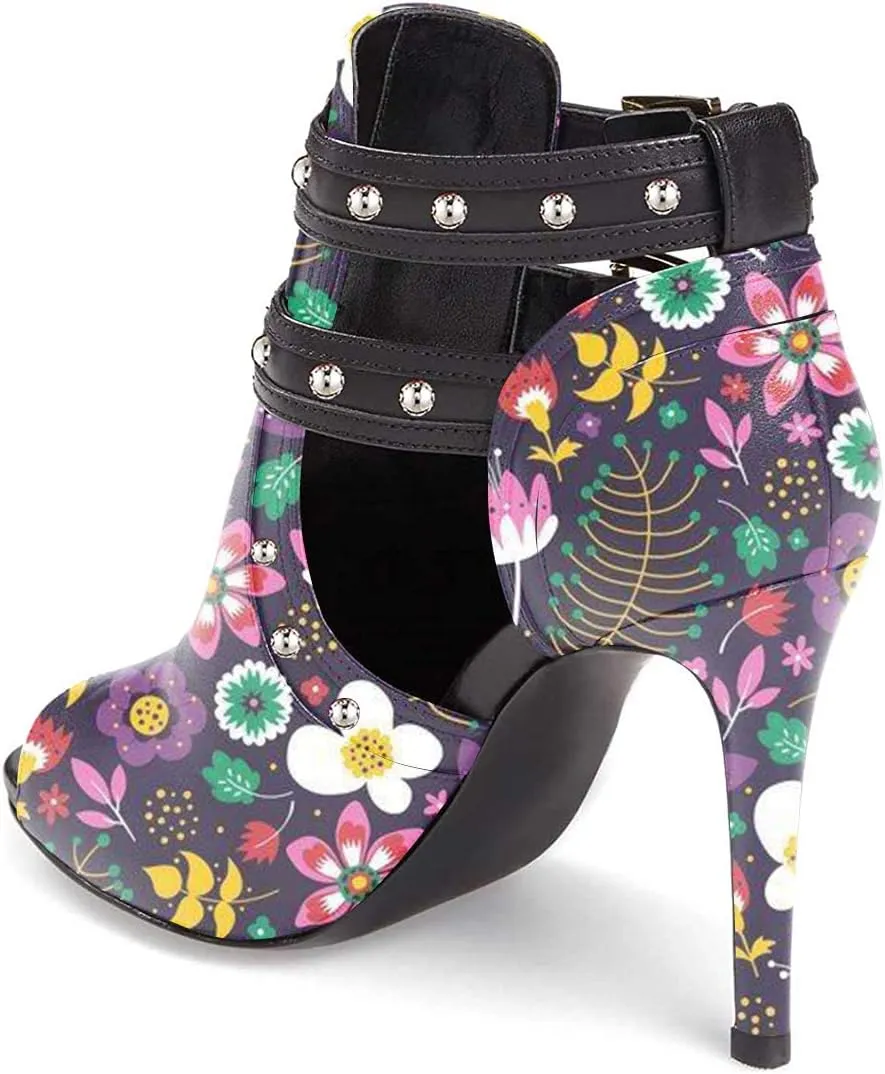 XYD Women Chic Studs Peep Toe Ankle Bootie High Heel Pumps Buckled Double Straps Cutout Fashion Party Shoes