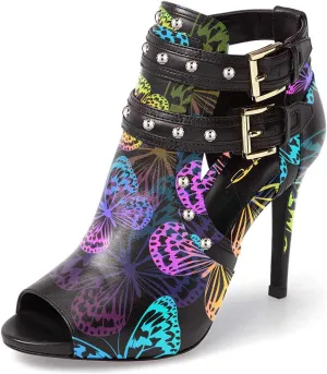XYD Women Chic Studs Peep Toe Ankle Bootie High Heel Pumps Buckled Double Straps Cutout Fashion Party Shoes