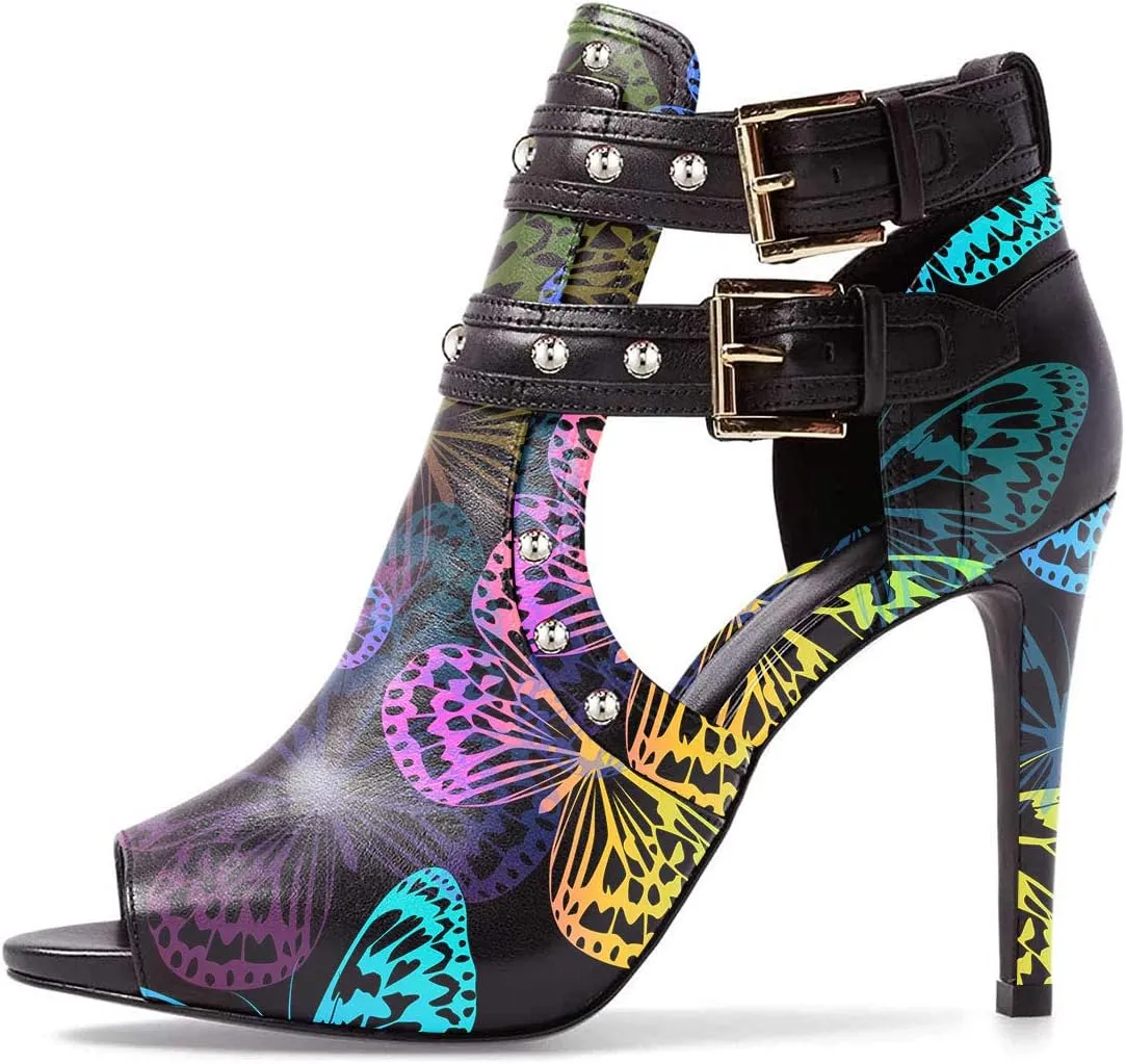 XYD Women Chic Studs Peep Toe Ankle Bootie High Heel Pumps Buckled Double Straps Cutout Fashion Party Shoes