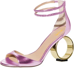 XYD Women Crystal Ankle Straps Open Peep Toe Sandals with Back Zip Chic Round Circle High Heel Party Shoes