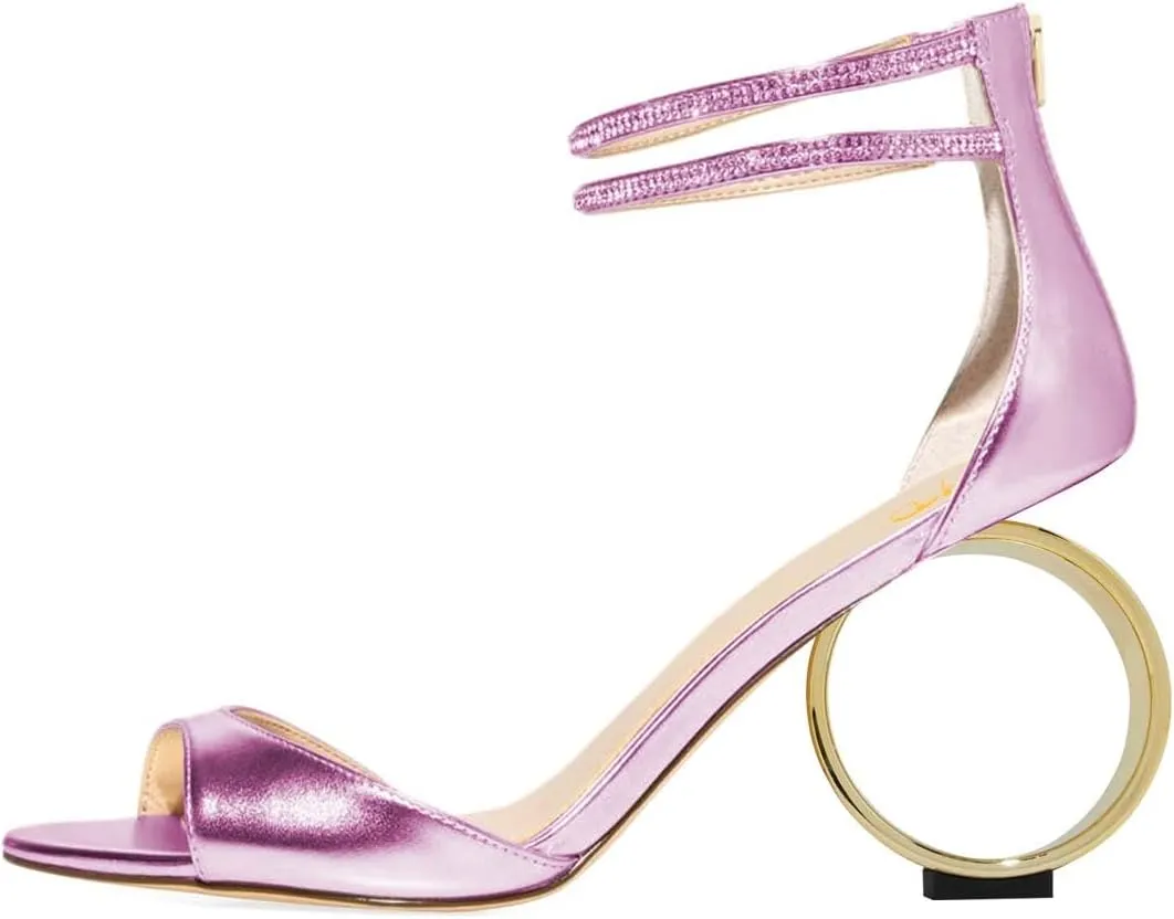 XYD Women Crystal Ankle Straps Open Peep Toe Sandals with Back Zip Chic Round Circle High Heel Party Shoes