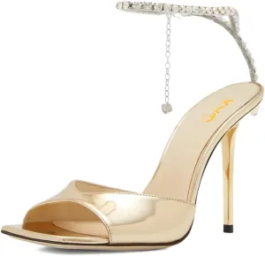 XYD Women Crystal Embellishments Sandals Stiletto Heels Chain Ankle Strap Square Open Toe Sparkle Wedding Bridal Evening Dress Pumps Shoes