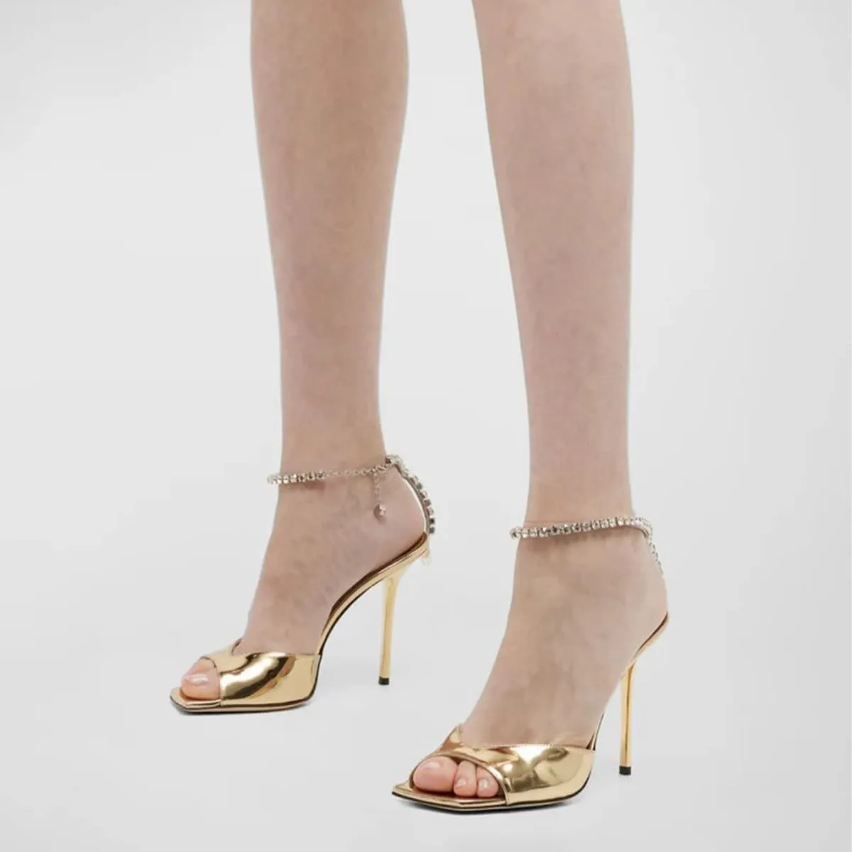 XYD Women Crystal Embellishments Sandals Stiletto Heels Chain Ankle Strap Square Open Toe Sparkle Wedding Bridal Evening Dress Pumps Shoes