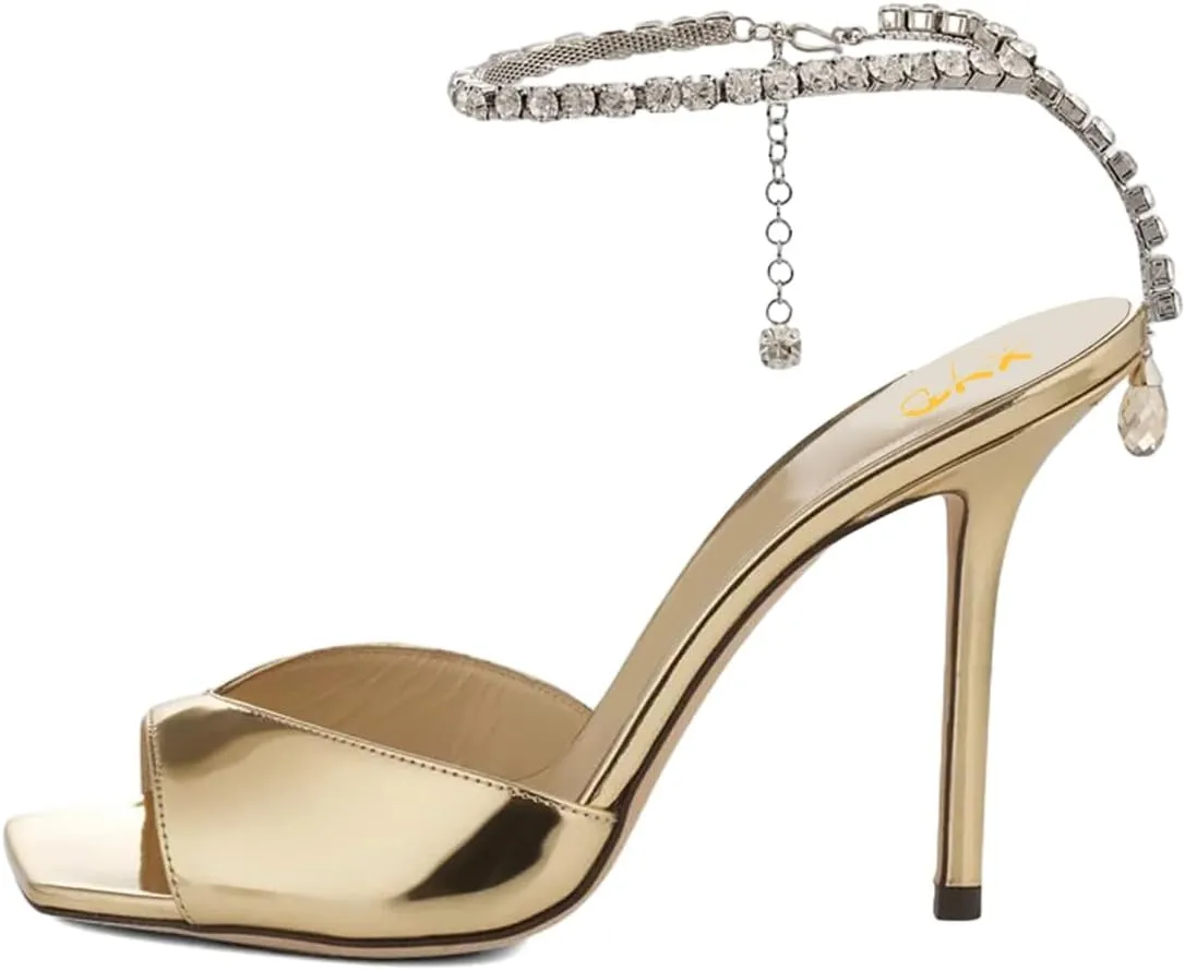 XYD Women Crystal Embellishments Sandals Stiletto Heels Chain Ankle Strap Square Open Toe Sparkle Wedding Bridal Evening Dress Pumps Shoes