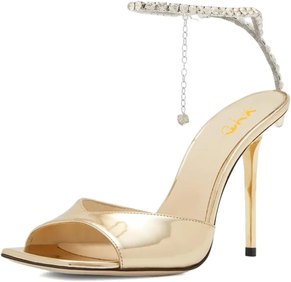 XYD Women Crystal Embellishments Sandals Stiletto Heels Chain Ankle Strap Square Open Toe Sparkle Wedding Bridal Evening Dress Pumps Shoes