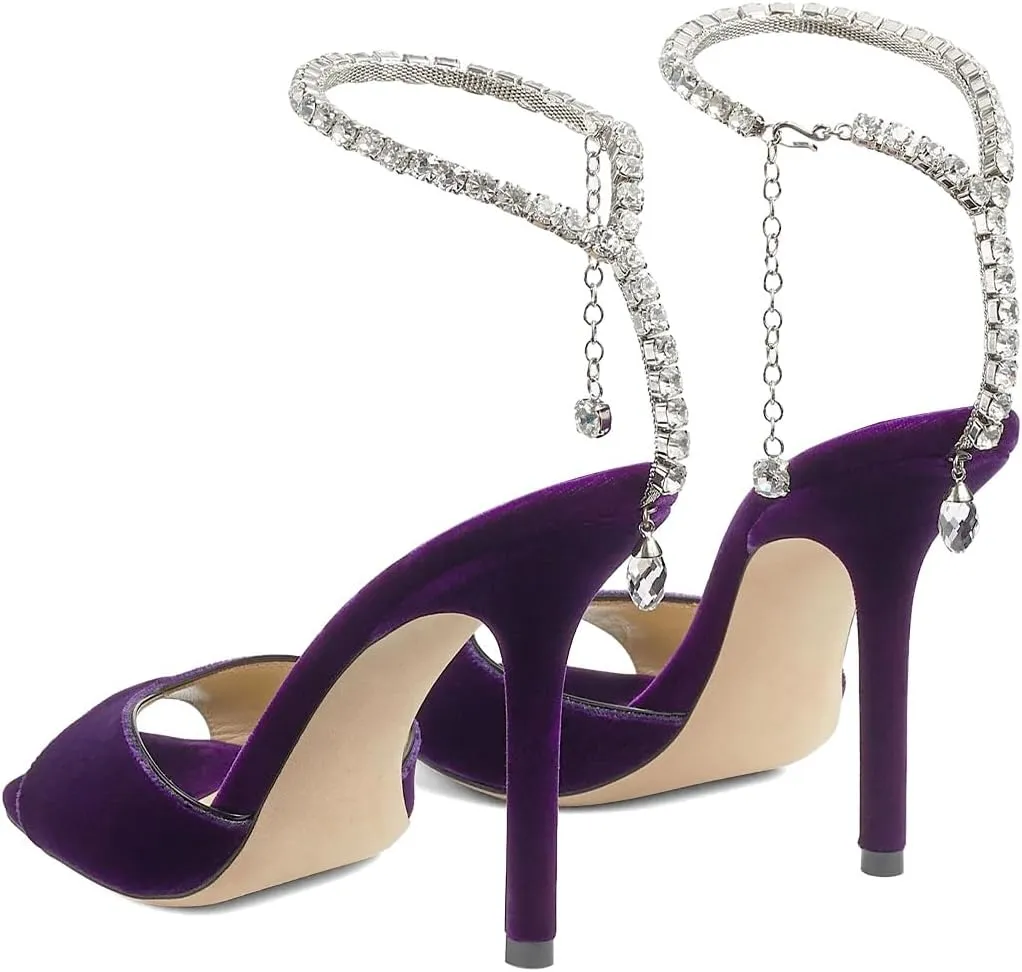 XYD Women Crystal Embellishments Sandals Stiletto Heels Chain Ankle Strap Square Open Toe Sparkle Wedding Bridal Evening Dress Pumps Shoes