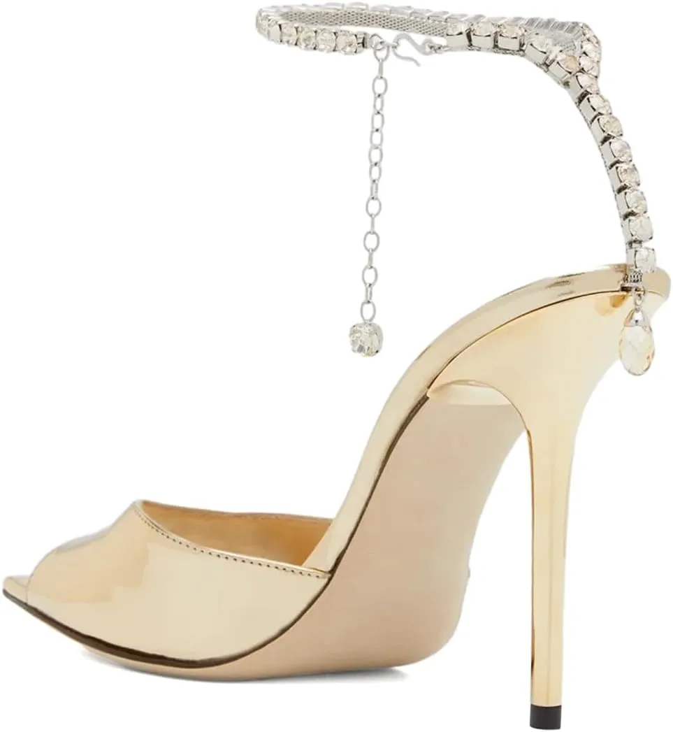 XYD Women Crystal Embellishments Sandals Stiletto Heels Chain Ankle Strap Square Open Toe Sparkle Wedding Bridal Evening Dress Pumps Shoes