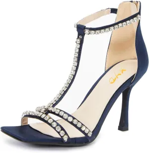 XYD Women Dazzled Rhinestones T-Bar Sandals Square Open Toe High Heels Back Zip Prom Wedding Pump Shoes