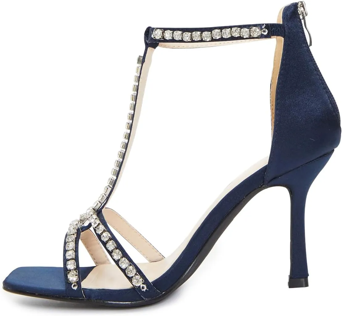 XYD Women Dazzled Rhinestones T-Bar Sandals Square Open Toe High Heels Back Zip Prom Wedding Pump Shoes