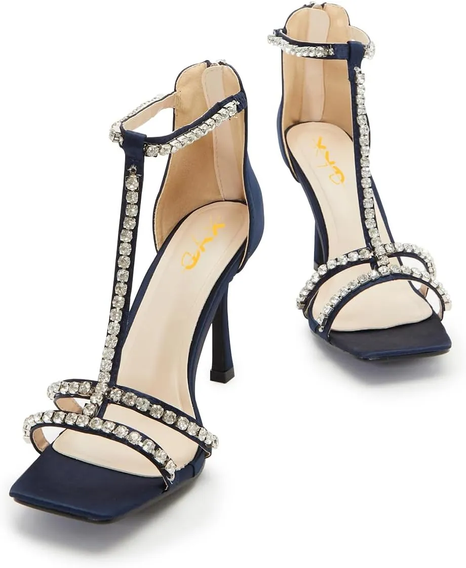XYD Women Dazzled Rhinestones T-Bar Sandals Square Open Toe High Heels Back Zip Prom Wedding Pump Shoes