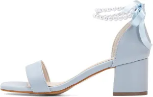 XYD Women Elegant Pearls Ribbon Strap Sandals Tie-up Open Toe Low Block Sandals Wedding Bridal Shoes