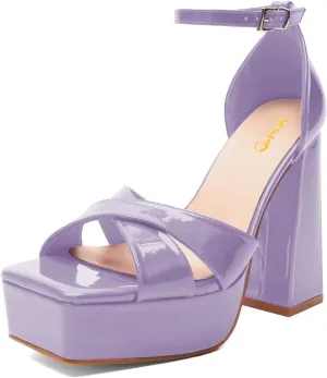 XYD Women Fashion Block Thick Heel Platform Sandals Crossover Strap Open Square Toe Ankle Strappy Pumps Evening Event Party Shoes