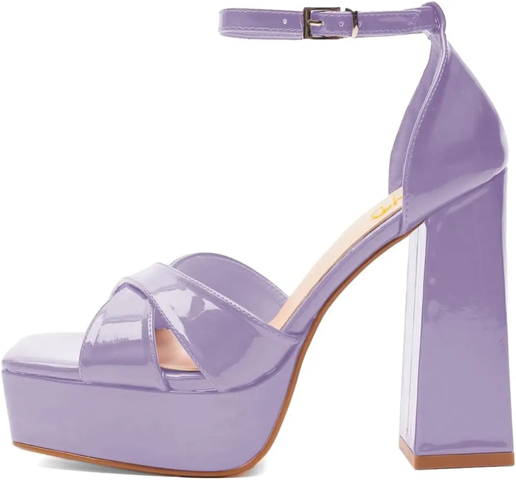 XYD Women Fashion Block Thick Heel Platform Sandals Crossover Strap Open Square Toe Ankle Strappy Pumps Evening Event Party Shoes