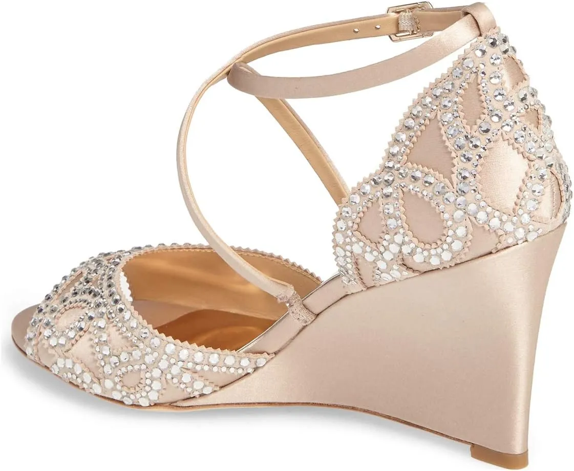 XYD Women Fashion Wedge Sandals Peep Toe Crisscross Strap Rhinestone High Heel Wedding Party Dress Shoes