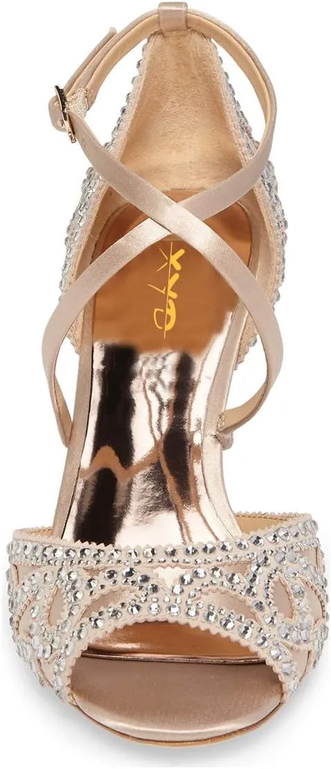 XYD Women Fashion Wedge Sandals Peep Toe Crisscross Strap Rhinestone High Heel Wedding Party Dress Shoes