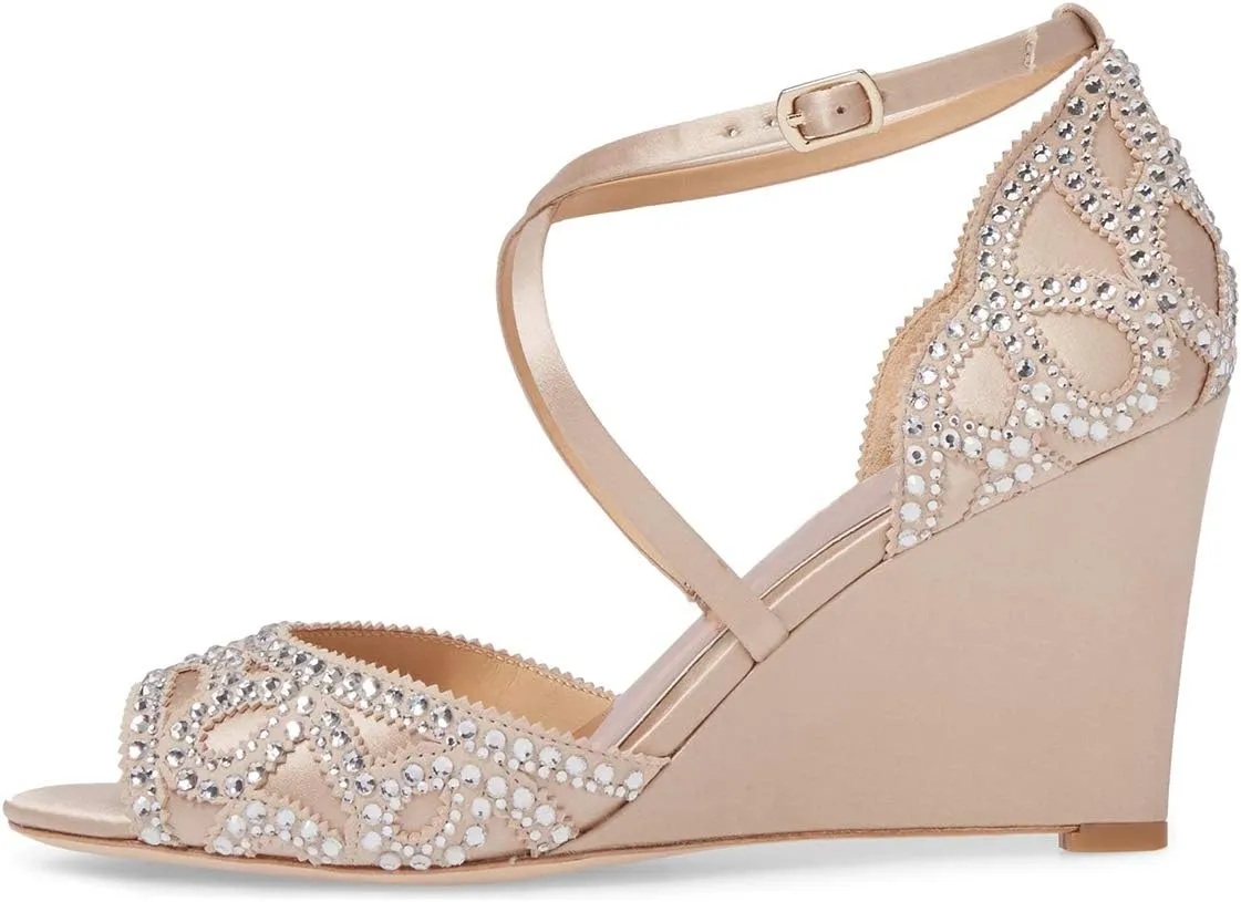 XYD Women Fashion Wedge Sandals Peep Toe Crisscross Strap Rhinestone High Heel Wedding Party Dress Shoes
