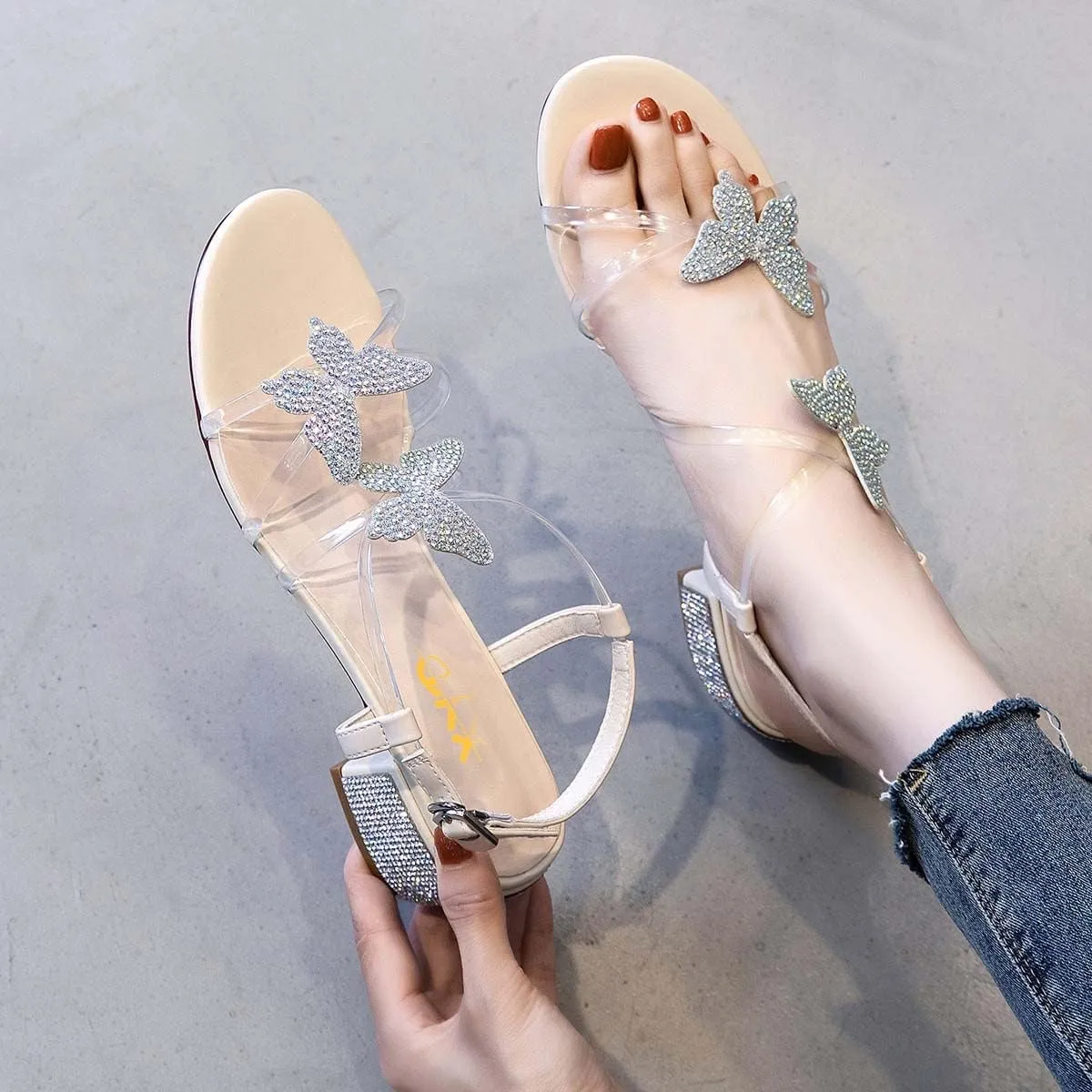 XYD Women Low Chunky Heel Sandals with Bling Rhinestones Butterfly PVC Open Toe Ankle Strap Buckled Prom Dance Party Dress Shoes