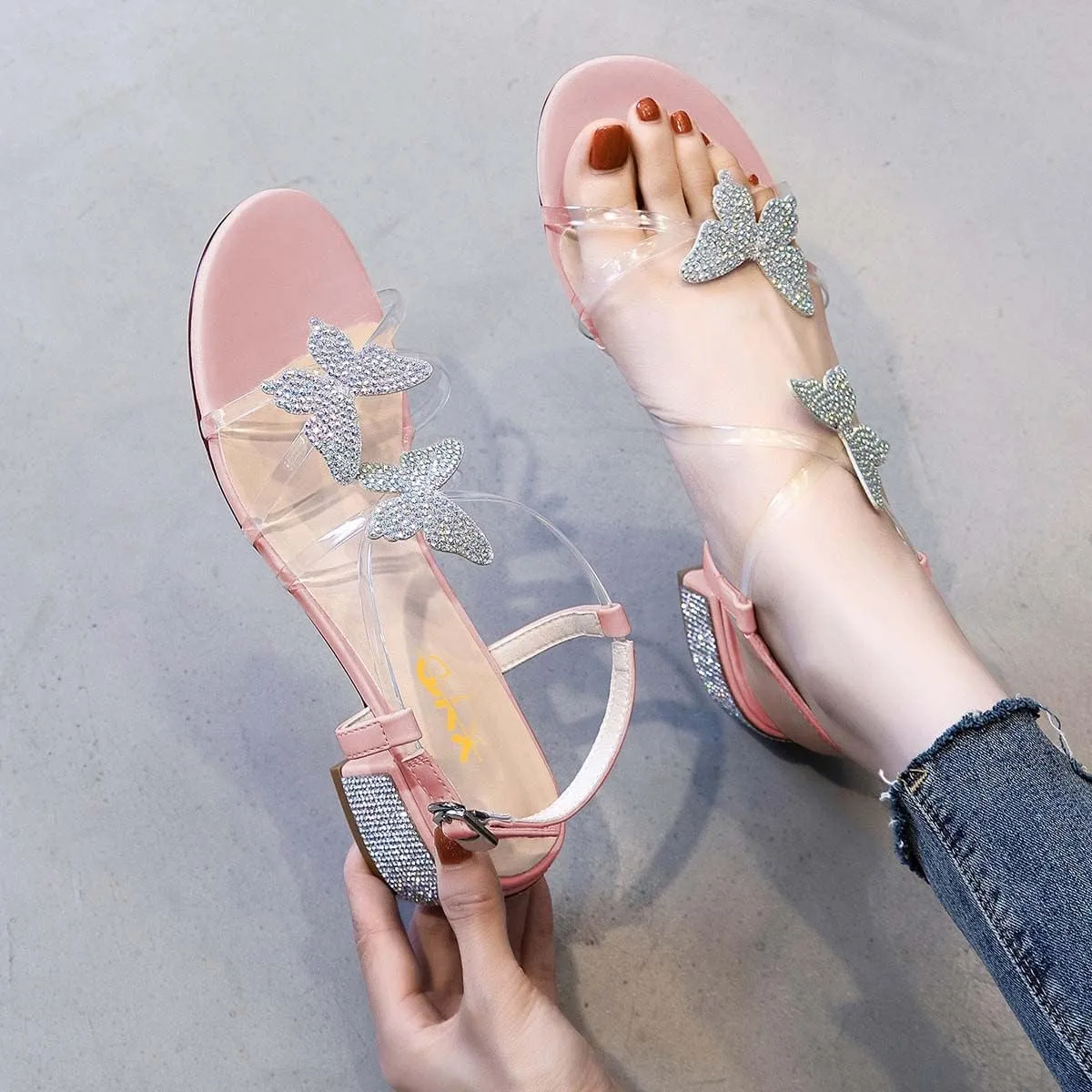 XYD Women Low Chunky Heel Sandals with Bling Rhinestones Butterfly PVC Open Toe Ankle Strap Buckled Prom Dance Party Dress Shoes