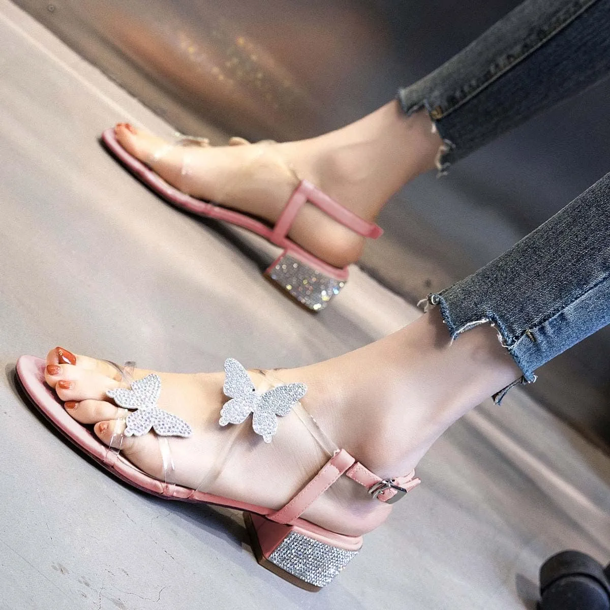 XYD Women Low Chunky Heel Sandals with Bling Rhinestones Butterfly PVC Open Toe Ankle Strap Buckled Prom Dance Party Dress Shoes