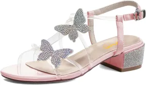 XYD Women Low Chunky Heel Sandals with Bling Rhinestones Butterfly PVC Open Toe Ankle Strap Buckled Prom Dance Party Dress Shoes