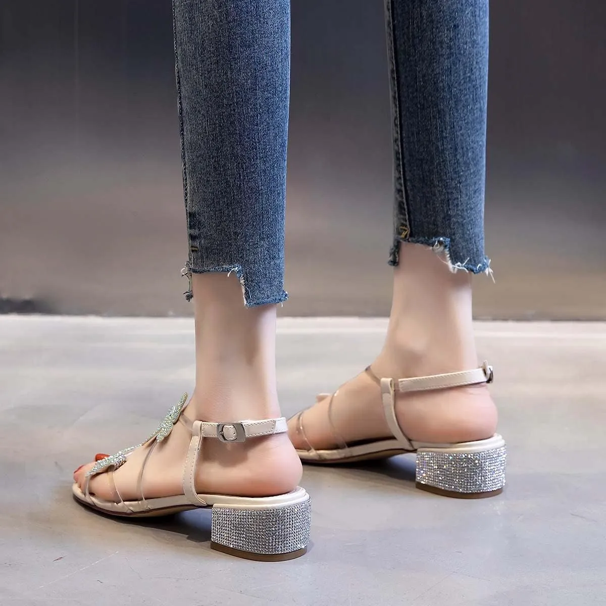 XYD Women Low Chunky Heel Sandals with Bling Rhinestones Butterfly PVC Open Toe Ankle Strap Buckled Prom Dance Party Dress Shoes