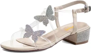 XYD Women Low Chunky Heel Sandals with Bling Rhinestones Butterfly PVC Open Toe Ankle Strap Buckled Prom Dance Party Dress Shoes