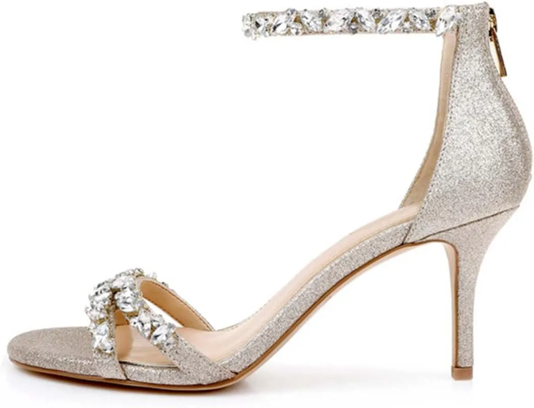 XYD Women Mid Heel Rhinestone Strappy Sandals Open Toe Ankle Strap Prom Evening Party Dressy Shoes